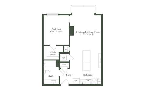 Floor plan for 1 bed, 1 bath, 738 sqft